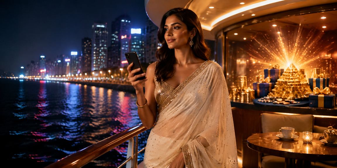 A modern Indian woman enjoying mobile casino experience in Mumbai